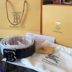 Burberry Black Check Canvas Belt with Shiny Silver TB Buckle
